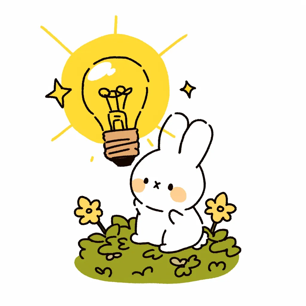 かわいいひらめきうさぎの草原｜ふんわりとした線とやさしい色合いで描かれたうさぎが、草原で電球を見上げています。周囲の小さな花々が、のどかで穏やかな雰囲気を作り出しています。かわいいひらめきが生まれる瞬間を、静かで温かみのあるイラストで表現した一枚です。