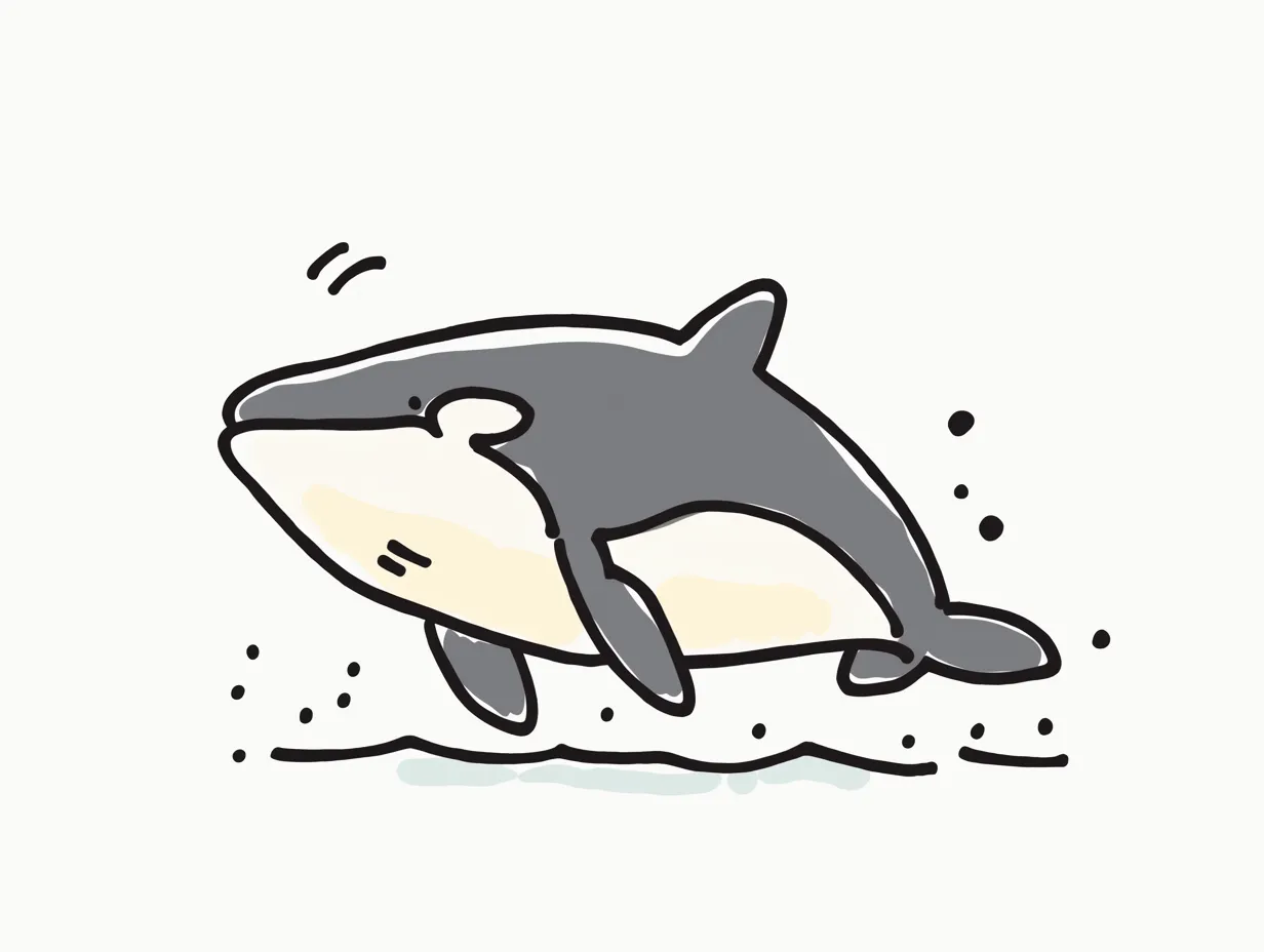 ゆるいシャチののんびり波乗り｜ラフなタッチのイラストで、波の上を楽しげに進むシャチが描かれている。丸みを帯びたフォルムが、ゆるいシャチのほのぼのした雰囲気を際立たせている。