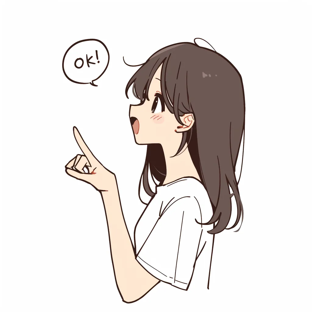 指差し女の子のかわいいOK｜横向きの女の子が指を立ててOKを伝えるシンプルなイラスト。表情は元気いっぱいで、楽しげな雰囲気が感じられます。かわいいOKをカジュアルに表現したいときに使いやすいデザインです。