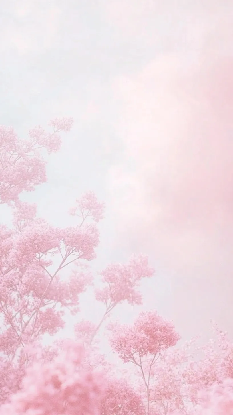 ピンクの花咲く静寂の森 かわいいピンク壁紙｜淡いピンクの花が咲き誇る幻想的な森のスマホ壁紙です。霧がかったような空気感が、静けさと神秘的な雰囲気を漂わせています。ふんわりとした光が差し込み、優しいピンクの花々が心を和ませてくれます。穏やかな風景が魅力のかわいいピンク壁紙は、ロマンチックで癒されるデザインとしてぴったりです。