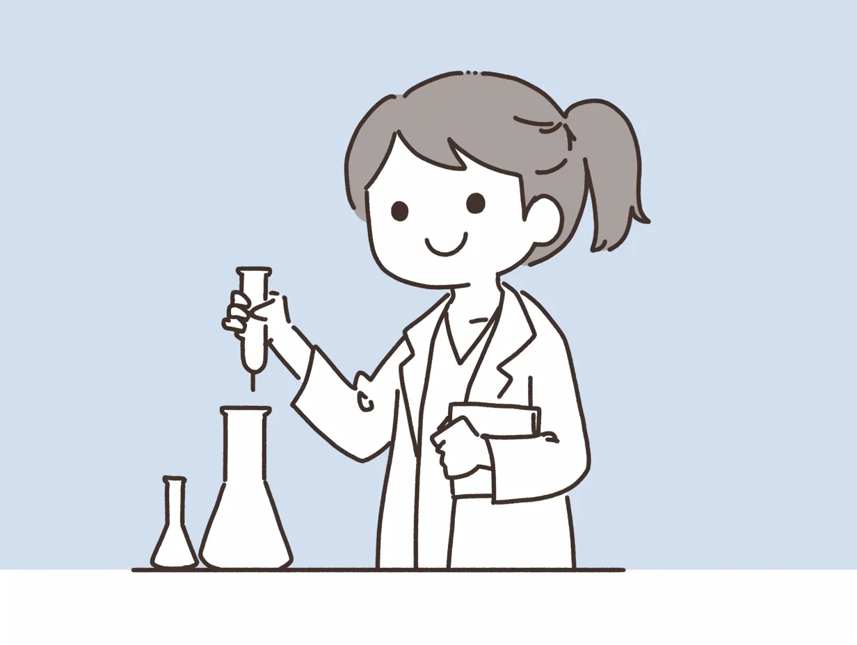 ふんわり優しいかわいい博士｜シンプルな線と淡い色合いで描かれたデザインが、やわらかく親しみやすい印象を作り出している。ポニーテールの髪型がアクティブな雰囲気をプラスし、白衣の下に見えるブラウスがさりげなくフェミニンな要素を加えている。試験管を手に微笑む姿が、穏やかで優しげなかわいい博士のイメージにぴったり合っている。