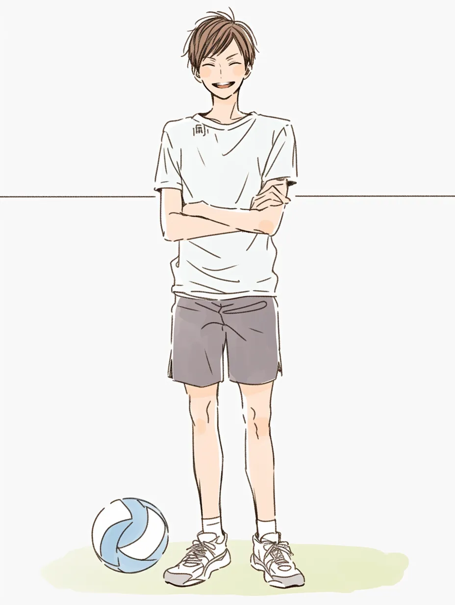 かわいいバレーボール男子の笑顔ポートレート｜ラフな線と淡い配色で描かれたバレーボール男子が、笑顔でリラックスした雰囲気を醸し出す一枚。かわいい印象ながらも爽やかな青春の空気感が漂い、親しみやすさのあるバレーボールイラストとして魅力的。