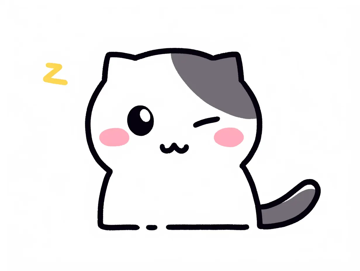 かわいいウインクの猫キャラ｜白とグレーの猫が、ちょこんとした姿勢でウインクしています。シンプルなデフォルメデザインが愛らしく、ほっこりとした雰囲気を演出しています。ぷっくりとした頬のピンクがアクセントになり、ゆるくて可愛い仕上がりのイラストになっています。