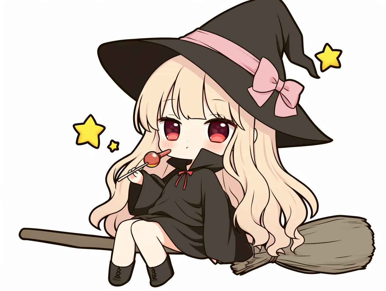 ほうきに座る飴を持った魔女｜ピンクのリボンがかわいい魔女が、ほうきの上でキャンディをくわえながら微笑んでいます。ラフなポーズとゆるやかな表情が、気ままな魔法使いの雰囲気を醸し出しています。星の装飾が散りばめられた帽子が、夜空に映える魔法の魅力を際立たせます。