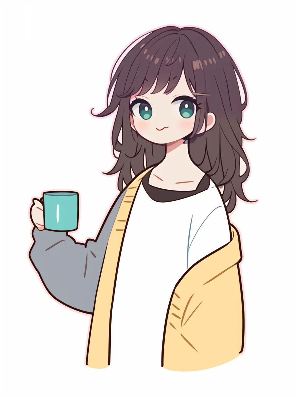 うがいをする少女・リラックスした様子｜コップを手に持ち、うがいをしている少女。ゆるかわポップなデザインで、朝や寝る前のリラックスした雰囲気が漂う。落ち着いた色合いと優しい笑顔が安心感を与える。
