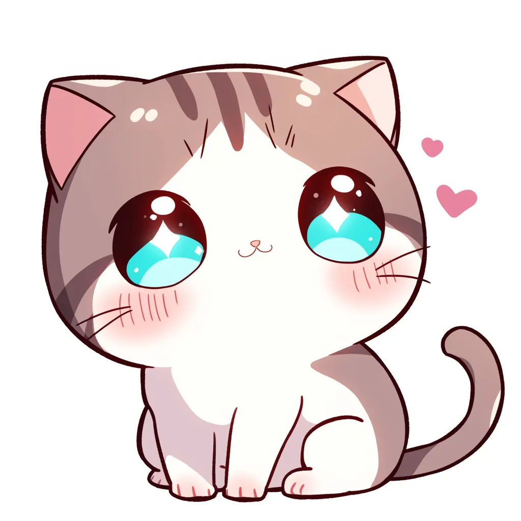 にこにこ顔のかわいい子猫｜ぽてっとしたフォルムとまんまるな目が愛らしい、デフォルメ調のイラスト。ほんのり赤く染まった頬がかわいい子猫の純粋さと優しさを表現しています。