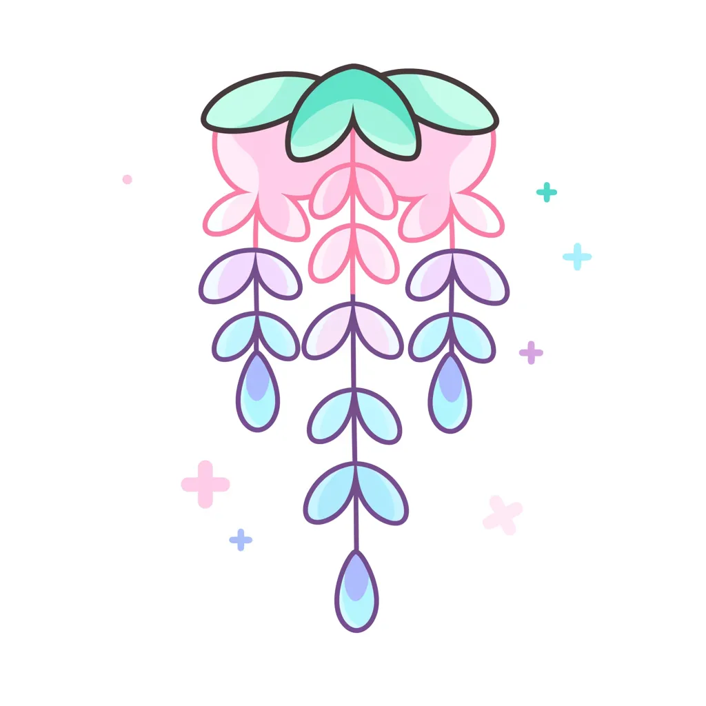 かわいい藤の花の幻想的な房｜幻想的な雰囲気で垂れ下がる藤の花房。ピンクと紫のグラデーションがポップなタッチで描かれ、優雅で落ち着いた印象を与えている。