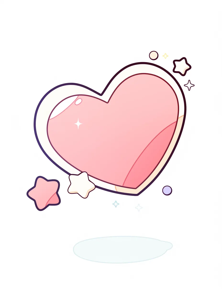 かわいいピンクハートのキラキラ宝石風｜まるで宝石のような質感を持つかわいいピンクハート。ツヤのある面と小さなハートや星の装飾がポップでラブリーな雰囲気を引き立てています。
