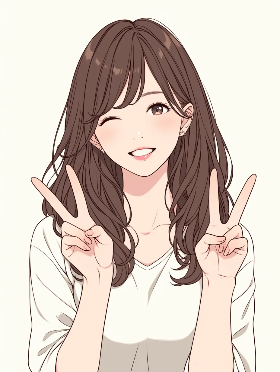 ナチュラルな微笑みとダブルピース｜柔らかな線と落ち着いた色彩が特徴的なイラスト。白いトップスとナチュラルなメイクが、優雅で大人っぽい雰囲気を引き立てる。ダブルピースをしながらのウインクが親しみやすく、シンプルながらも洗練された印象を与えている。