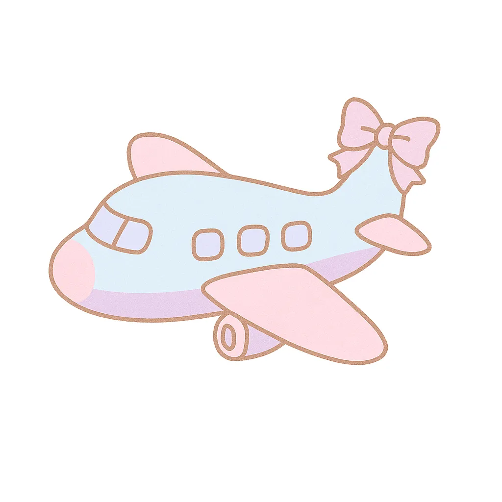 ゆめかわいいガーリーな飛行機｜機体全体をパステルブルーとピンクでまとめ、尾翼にリボンの装飾がついたガーリーな飛行機。窓や翼もまるみを帯びたシルエットで、空を飛ぶやさしいイメージに。白背景でふんわりした雰囲気を活かしています。