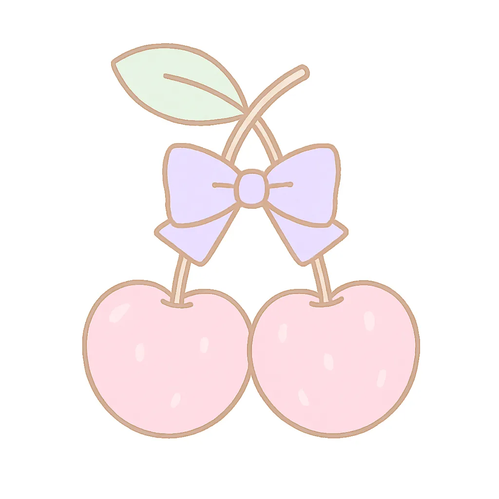 ゆめかわいいガーリーなさくらんぼ｜淡いピンクの実をふたつ並べて、中央にリボンをあしらったさくらんぼ。茎や葉もやさしい色合いでまとめて、軽やかで可愛らしい印象に。背景は白、アクセントにも使いやすい素材です。