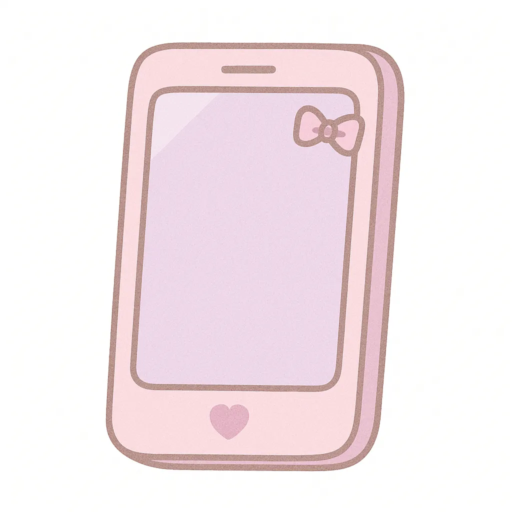 ゆめかわいいガーリーな携帯電話スマホ｜すっきりした角丸フォルムのスマートフォンを、パステルピンクとラベンダーでまとめました。画面の隅には小さなリボン、裏面にはハートマーク入りで、シンプルながら愛らしい印象のガーリーデザインになっています。