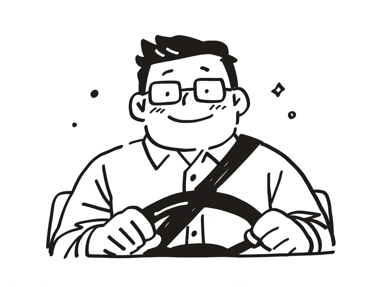 笑顔が魅力の運転手｜メガネをかけ、シャツ姿で運転する人物が描かれている。丸みのある柔らかな線が、親しみやすい印象を強調。顔に光る汗や小さな装飾が、活気のある運転手の表情をより豊かにしている。デフォルメされたタッチが特徴のイラストになっている。