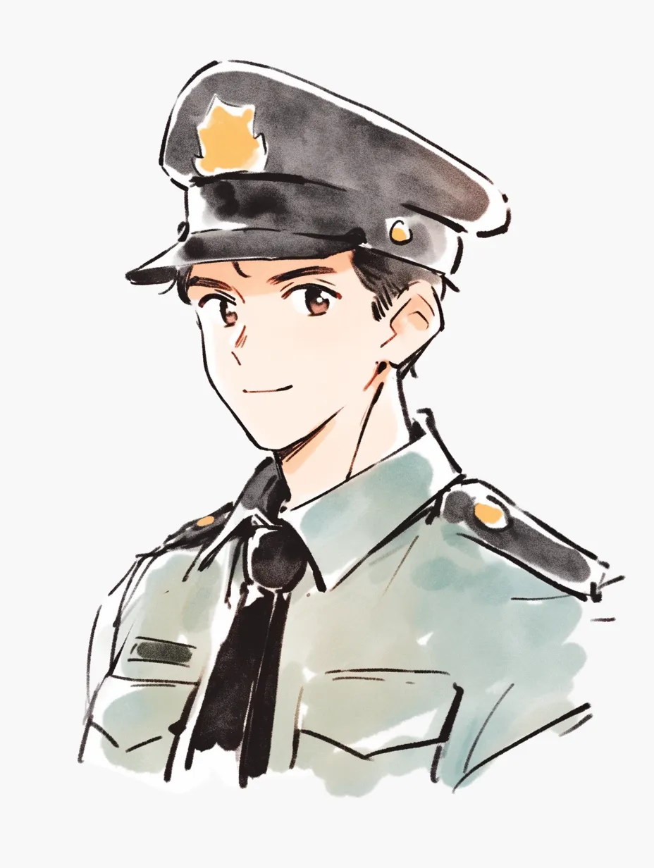 かわいいお巡りさんの笑顔の女性｜やわらかな水彩タッチで描かれた女性警察官が、手帳を手に明るく微笑む姿が印象的。落ち着いた制服と優しい表情が、おしゃれな雰囲気とかわいい安心感を同時に感じさせる。