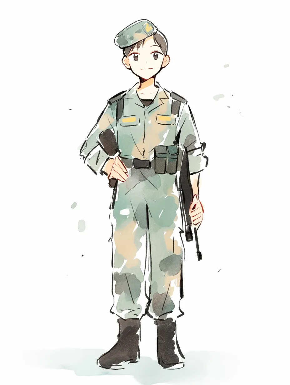 おしゃれ自衛隊の凛々しい女性隊員｜装備を整えた女性自衛官がまっすぐに立つ姿を、水彩風のにじみと控えめなトーンで表現。整った構図と丁寧な陰影が、かわいい印象の中にも頼もしさとおしゃれな魅力を引き立てる。