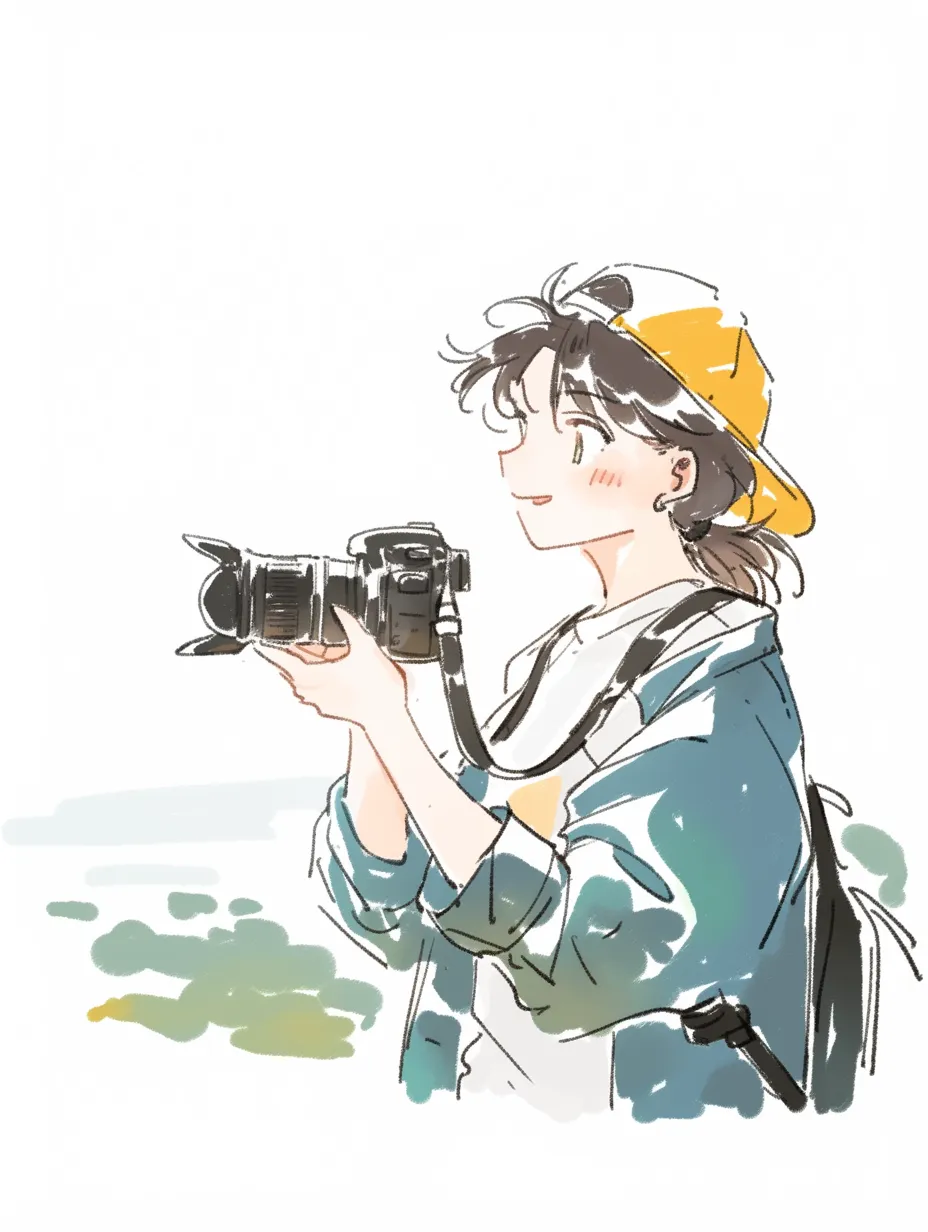 かわいいおしゃれ三脚カメラ女子｜三脚を使って構える姿勢が頼もしい若いカメラマンを、柔らかなタッチで生き生きと描いた作品。黄色の差し色が視線を引き付け、表情と動きが愛らしい。実用的ながらもおしゃれな服装が魅力を引き立てている。