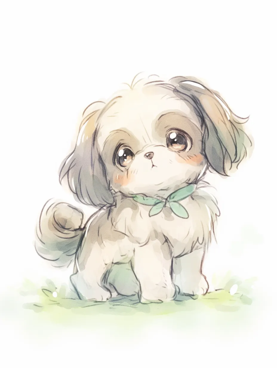 おしゃれ水彩のかわいいシーズー犬｜ふんわり丸い体とちょこんとした立ち姿が印象的なシーズーのイラスト。リボン風の首飾りがアクセントになっていてとてもおしゃれ。水彩の柔らかな色彩が全体にかわいい雰囲気を与え、優しい気持ちにさせてくれる。