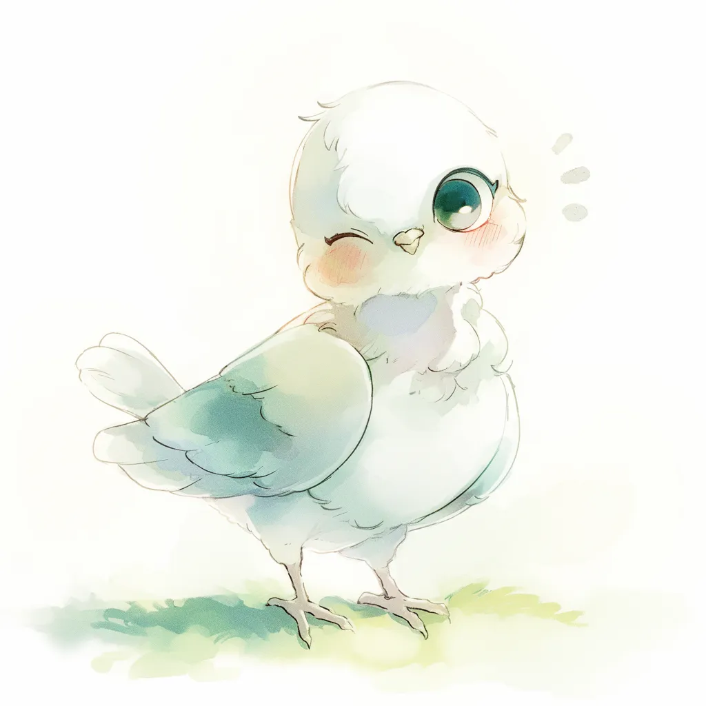 かわいい白い鳥のウィンクタイム｜やさしい光に包まれた白い鳥が、にっこりとウィンクする仕草で描かれています。ふわっとした質感とおしゃれな色のにじみが、かわいい魅力をより引き立てています。
