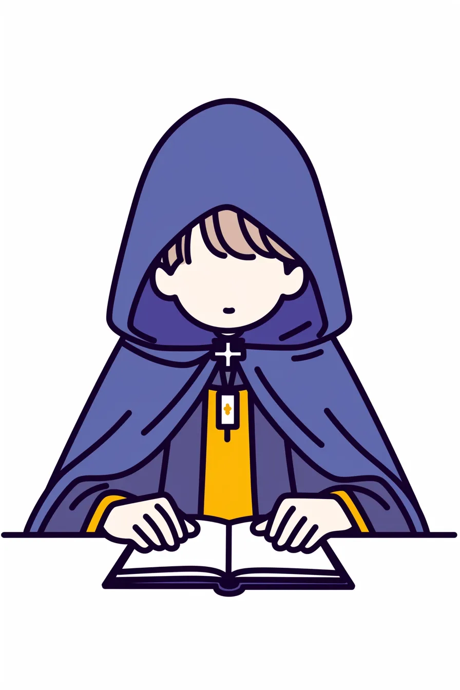 静かに書を読む占い師｜落ち着いた雰囲気の占い師が書物を広げ、知識を深めている。青いフードをかぶり、神聖な空気を纏うその姿は、未来を見通すための準備をしているようだ。占い師は、知識と直感を融合させ、相談者に最適な道を示す。