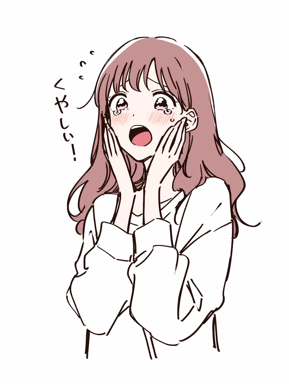 悔しさに震えるピンク髪の少女｜柔らかい線と温かみのある色使いが特徴のイラスト。ピンクがかった髪と表情の組み合わせが、感情をより強調し、悔しい思いが滲み出るような仕上がりになっている。頬の赤みや涙目の表現が、感情の抑えきれなさを象徴しており、可愛らしくも切ない印象を与えるデザインになっている。
