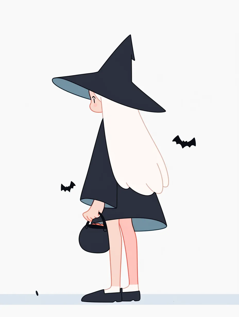 静かな夜のハロウィン魔女｜シンプルな線と淡い色合いで描かれた後ろ姿の魔女。黒い帽子とマントが特徴的で、静かに佇む姿がハロウィンの不思議な雰囲気を引き立てる。小さなコウモリが飛び交い、夜の神秘的な空気感が表現されている。