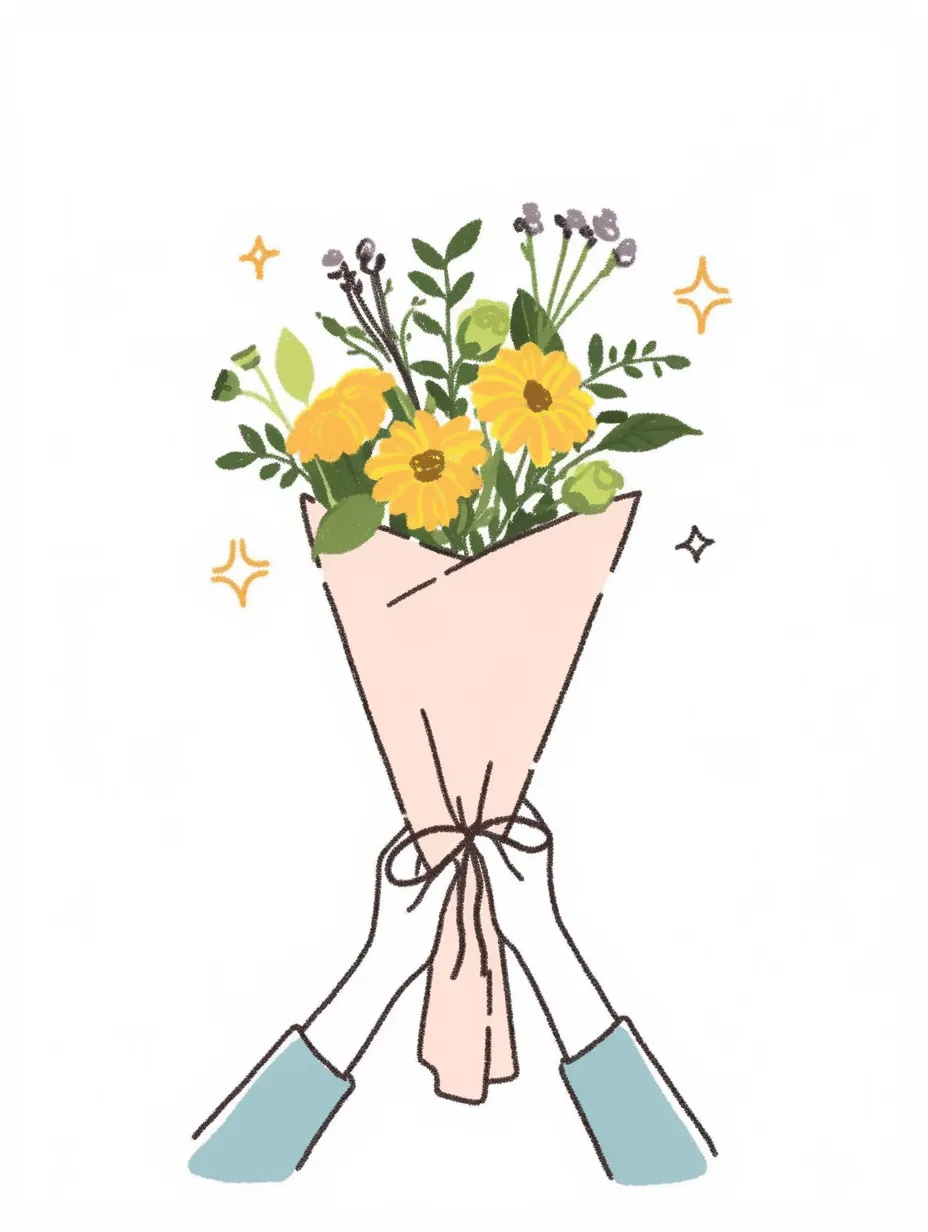 花束を持つ手と幸福感あふれるイエローブーケ｜ふんわりと束ねられた黄色の花々が、温かみのある幸せな雰囲気を作り出す花束を持つ手が描かれている。手書き風のラインが柔らかさを際立たせ、全体的に優しく心地よい印象を持たせるデザインになっている。