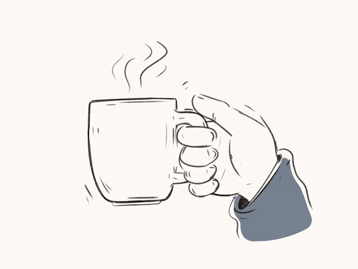 コーヒーカップを持つ手と柔らかな線の温もり｜丸みのある柔らかな線が、ほっとする雰囲気を生み出しているイラスト。カップを包み込むような手の形が、温かみと優しさを感じさせる。袖口には淡い色が施され、シンプルながらも親しみやすいデザインになっている。湯気の流れが軽やかで、まるで飲む人の気持ちを表しているかのように繊細に描かれている。