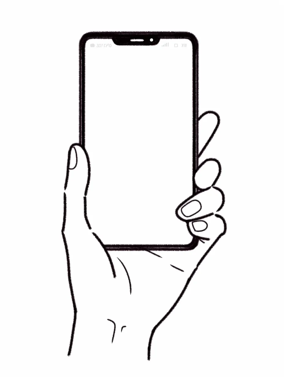 スマホを持つ手と細い輪郭線｜スマホを持つ手の繊細な線が、洗練された印象を与えるデザイン。指の形が自然で、リアルな持ち方が表現されている。黒のラインが強調されつつも、全体的にスッキリとしたミニマルな雰囲気を感じさせる仕上がりになっている。