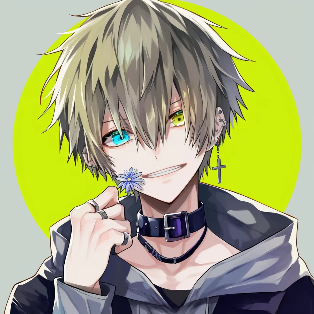 ゴシック風の異色オッドアイ男子イケメンアイコン｜ゴシックな雰囲気漂う異色オッドアイが特徴のアイコン。クロスのピアスやチョーカーがクールな印象を与え、鋭い視線が魅力的。かすかに微笑む口元がミステリアスな雰囲気を醸し出し、独特な個性を際立たせている。
