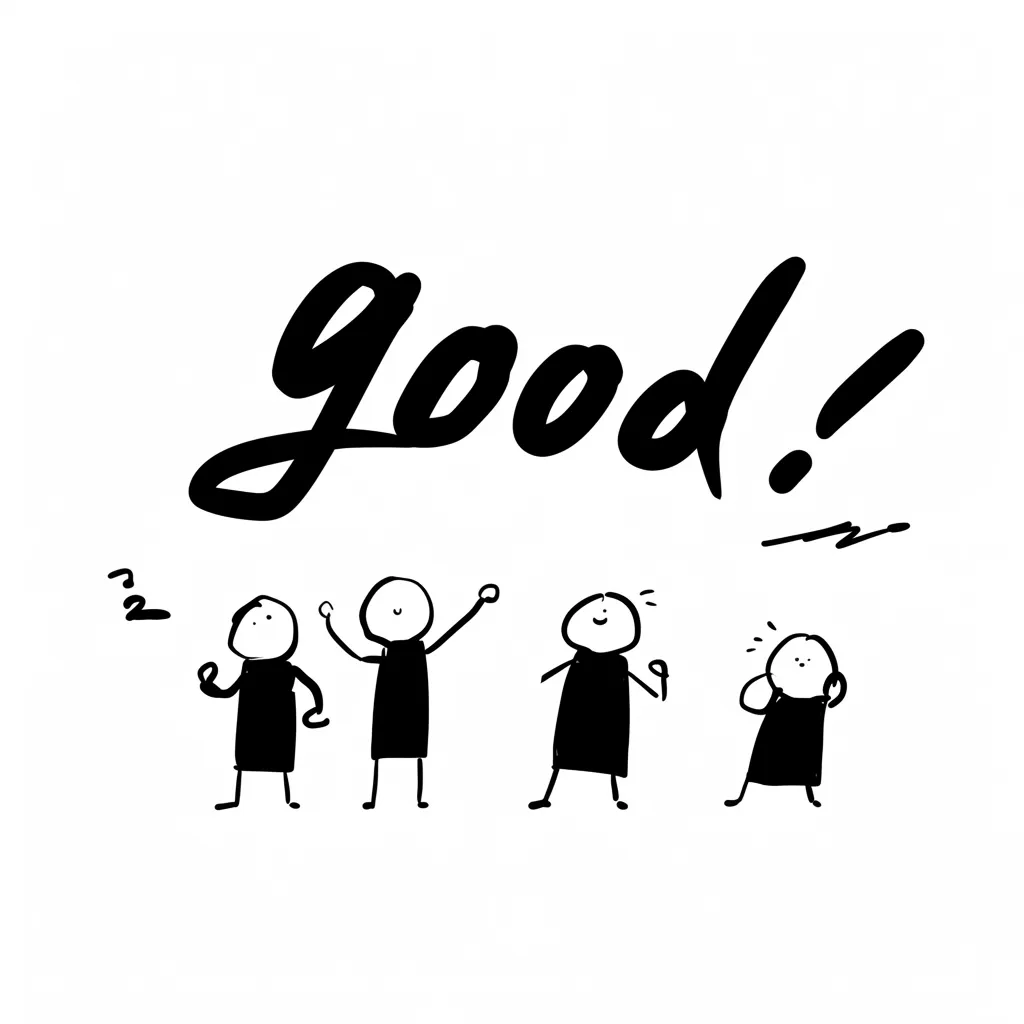 手書きgoodと並ぶ4人のシルエット｜異なるポーズの4人が並び、それぞれの気持ちを表現するユニークな構図です。シンプルながら個性が伝わるデザインで、手書きgoodの文字が全体の雰囲気を引き締めています。
