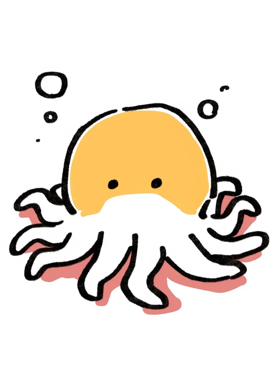 しゃぼんに浮かぶ手書きタコ｜鮮やかなイエローと白の組み合わせが目を惹くタコのイラスト。泡とともに浮かぶような構図で、やわらかい手書きタコの雰囲気が漂います。