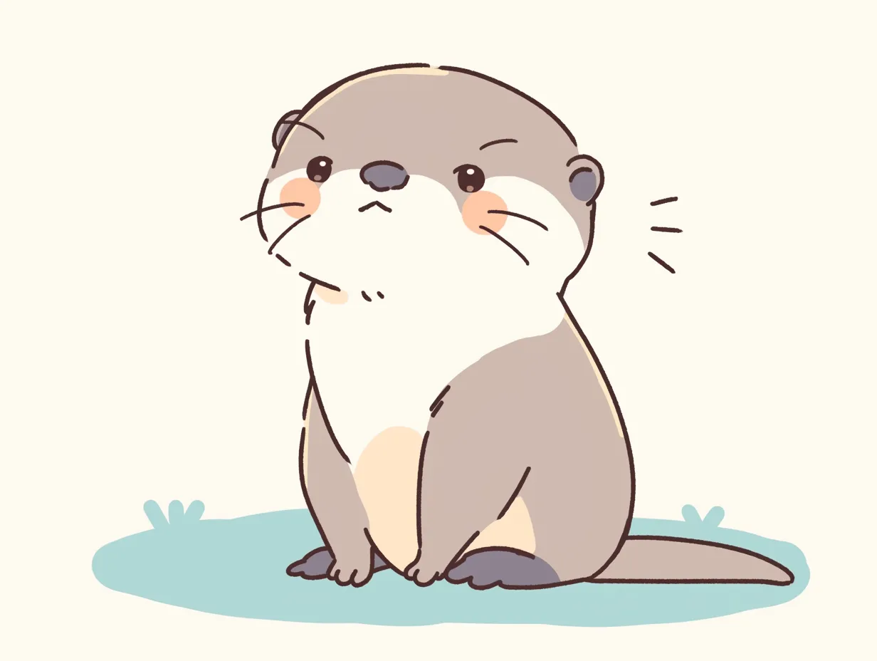 ちょっと不機嫌な手書きカワウソ｜　手書き感のある線で描かれたカワウソが、どこか納得いかない表情を浮かべている。色味を抑えた落ち着いた配色が、シンプルで優しい雰囲気を演出している。