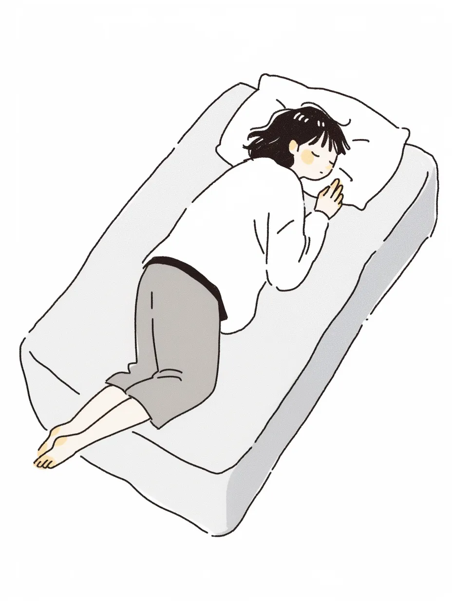 手書き風のベッドで寝る女性｜柔らかい線とシンプルな色使いが特徴のイラスト。女性がベッドの上で心地よさそうに寝る姿が描かれ、リラックスした雰囲気を醸し出している。手書きの温かみがあり、優しい空気感が漂う。