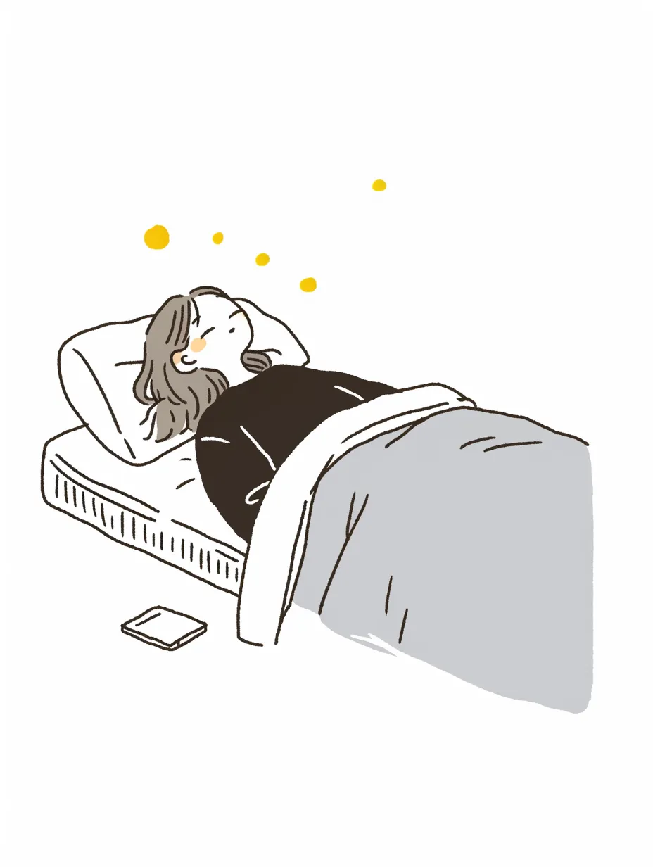 手書き風の夢見る女性｜モノトーンを基調としながらも、シンプルでおしゃれな雰囲気のイラスト。女性が静かに夢を見ながら寝る姿が、幻想的な空気を演出している。ふんわりとした線が、やわらかさを引き立てている。