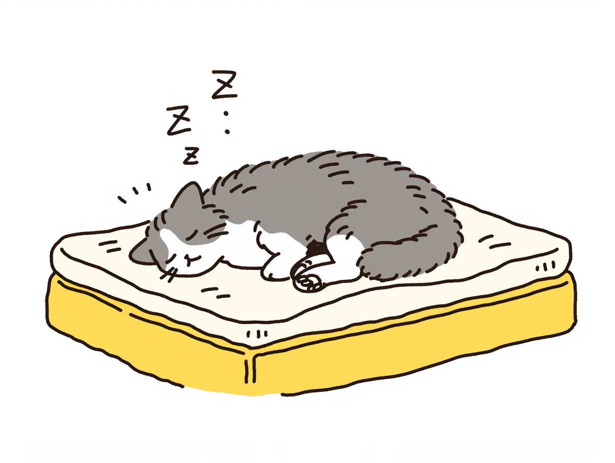 手書き風の猫の寝姿｜丸まって眠る猫が描かれた可愛らしいイラスト。手書きの温もりが感じられ、リラックスした雰囲気を作り出している。シンプルながらも柔らかい描線が、猫のふわふわした質感を表現している。
