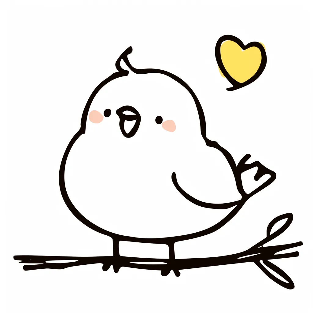 ハートと微笑む手書き小鳥｜ほのかなピンクのほっぺと黄色いハートが目を引く構成。丸みのある線で描かれた手書きの小鳥が、素朴ながらも優しい空気感を醸し出している。