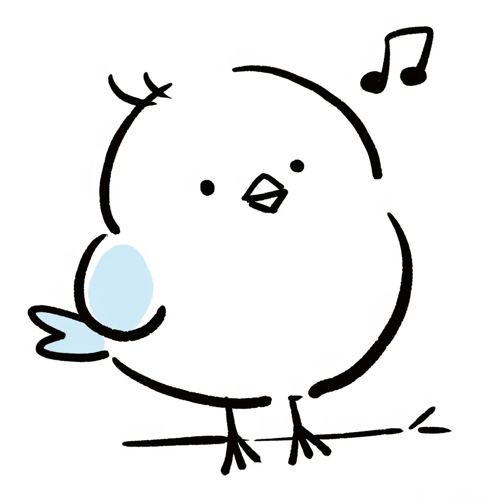 音符とさえずる手書き小鳥｜シンプルな線と控えめな水色で描かれた小鳥が音符とともに登場。手書きらしいラフな線が、自然体な小鳥のやさしい魅力を際立たせている。