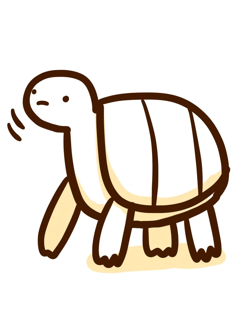 手書きカメのゆるい歩み｜太めの線で描かれたシンプルなデザインのカメが、少し不思議そうな表情で歩く様子が可愛らしい。ナチュラルな手書きのタッチが温かみを感じさせる。