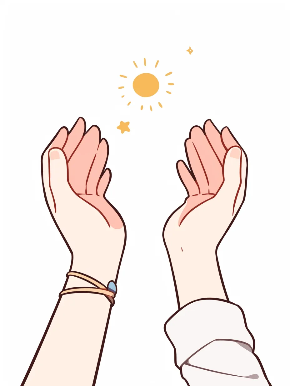 手をかざす光への祈り｜洗練された線と柔らかな色合いで描かれたイラスト。両手が光へ向かってそっと包み込むような仕草をしており、まるで何か大切なものを守るかのような印象を受ける。ブレスレットや袖の質感がさりげなく表現され、シンプルながらも温もりと繊細さを感じさせるデザインとなっている。