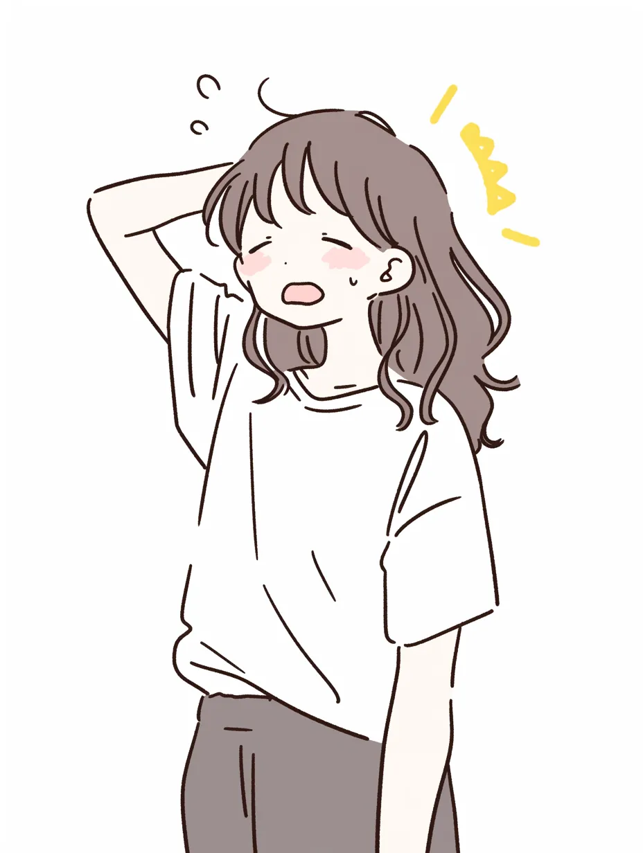 暑い日のぐったりモード｜シンプルな線と柔らかいトーンが特徴的な、ゆるいタッチのイラスト。暑さにうんざりした表情が可愛らしく、リラックスした雰囲気を醸し出している。汗の表現が控えめながらも効果的に使われ、夏の怠さをさりげなく表現している。