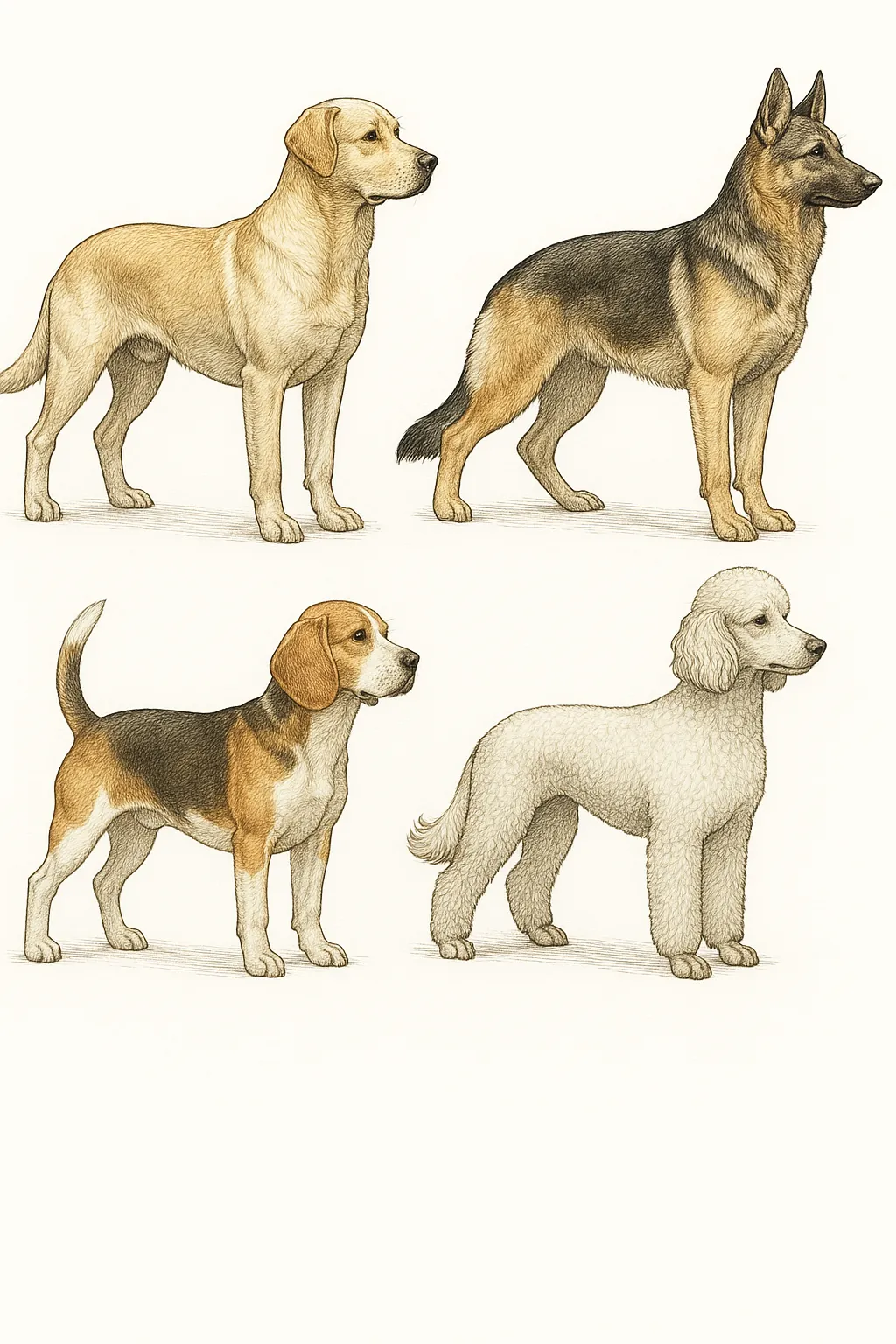犬の図鑑のリアルな絵｜犬の図鑑の絵は写実的なタッチで描かれ、毛並みや筋肉のラインまで細かく表現されているのが特徴です。温かみを感じる色合いで落ち着いた雰囲気があり、クラシカルな博物画を思わせるデザインになっています。