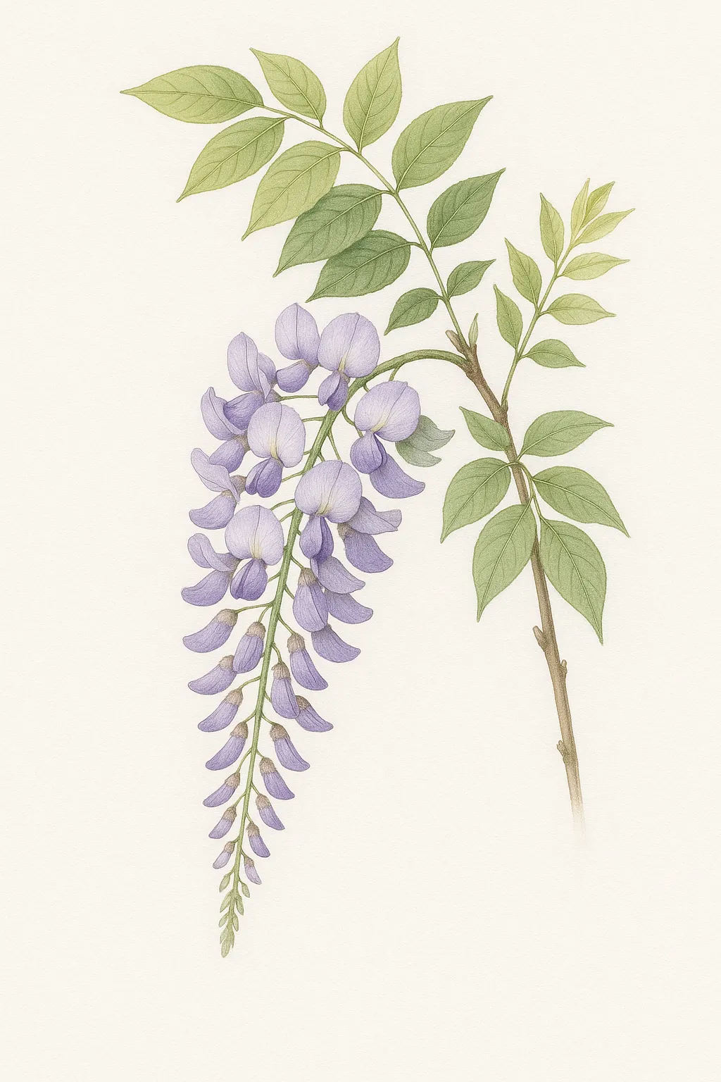 藤の花図鑑のリアルな絵｜藤の花図鑑の絵は、房状に垂れる花々を淡い紫色で表し、上品な美しさを漂わせています。緑の葉との対比が心地よく、自然のしなやかな動きを捉えた構成が、伝統的な植物画の繊細な趣を際立たせています。
