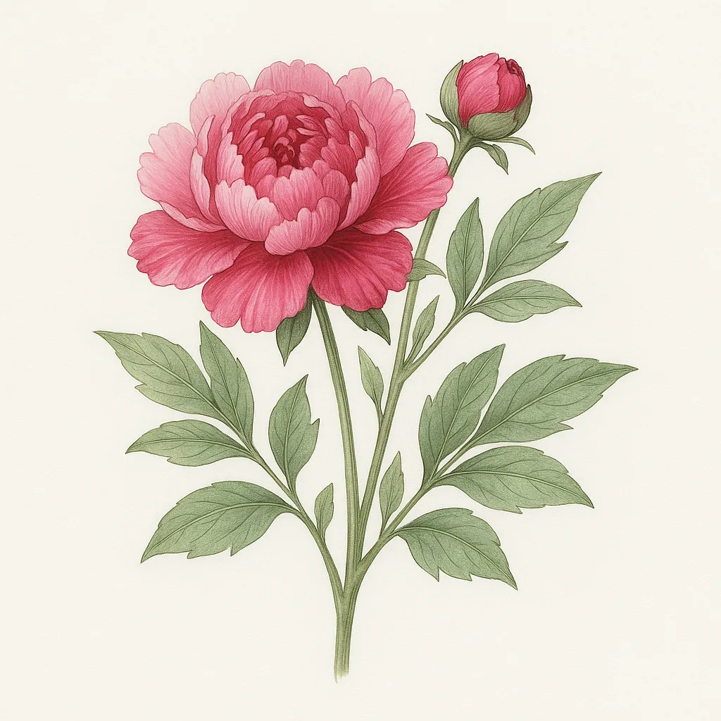 牡丹図鑑のリアルな絵｜大輪の花を鮮やかに描いた牡丹図鑑の絵は、濃淡のある赤い花弁と緑の葉が力強い存在感を放ちます。華やかさと柔らかさを兼ね備えた描写は、伝統的な絵画風の重厚さを感じさせ、格調高い雰囲気を演出しています。