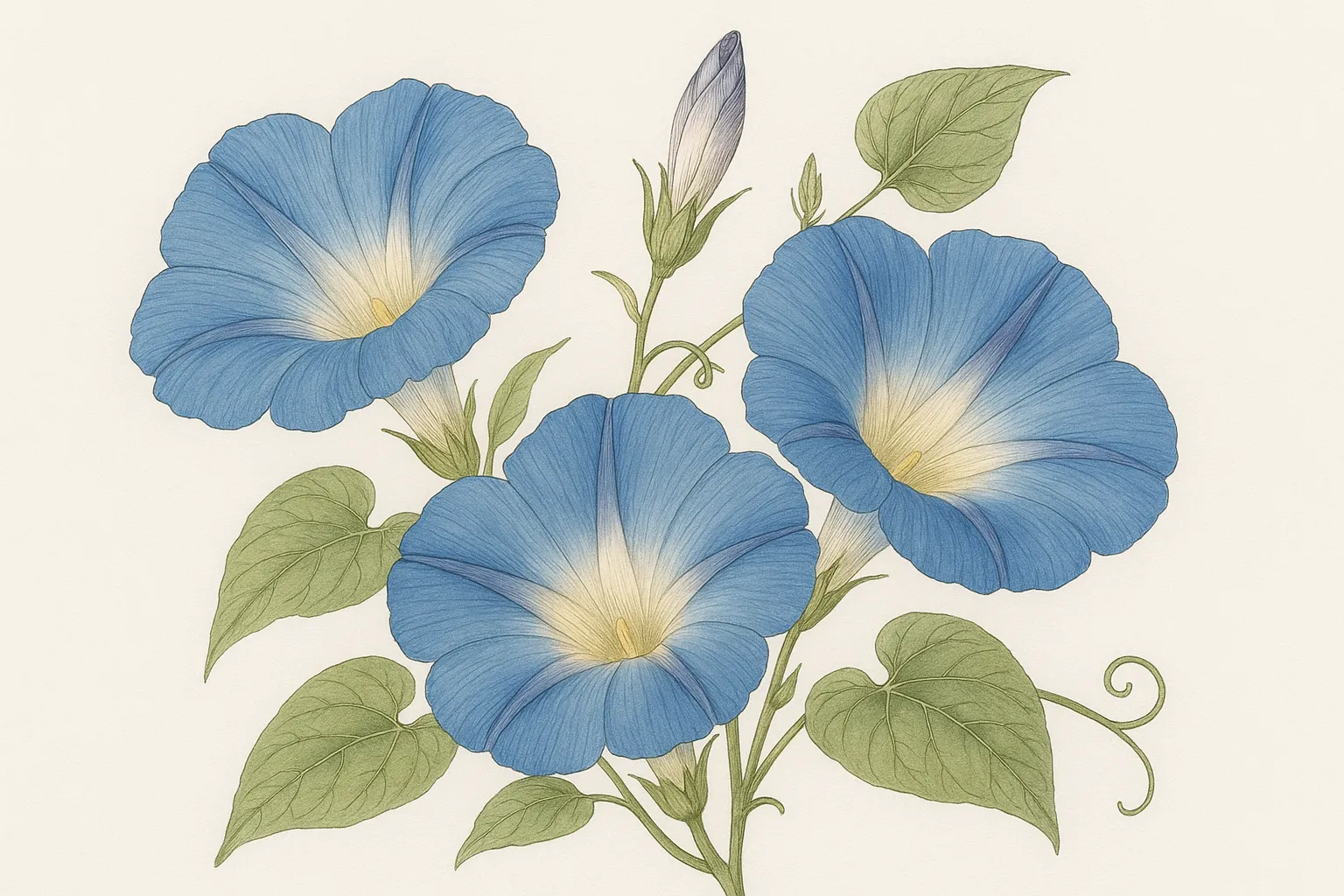 朝顔図鑑のリアルな絵｜朝顔図鑑の絵は、青い花びらが爽やかに広がり、光を受けて透き通るような印象を与えます。繊細な葉脈や蕾の描写が、写実的でありながら優しいタッチを感じさせ、夏の清涼感を伝える魅力ある植物画です。