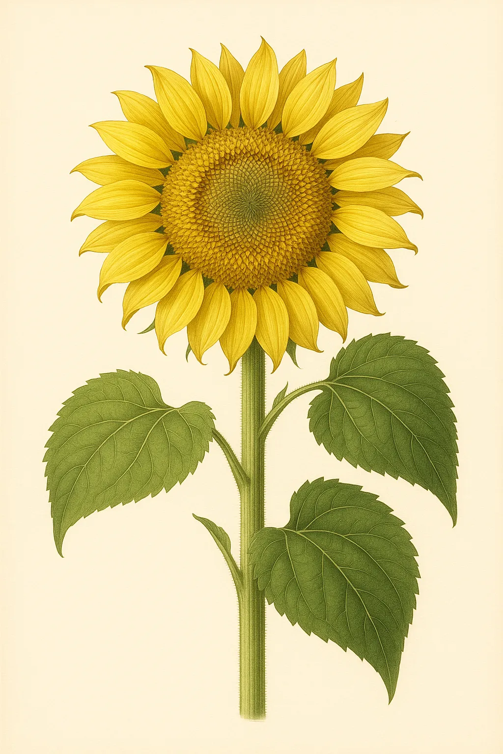ひまわり図鑑のリアルな絵｜ひまわり図鑑の絵は、黄金色の花弁と緻密に描かれた花心が堂々と映え、強い生命力を表現しています。深い緑の葉が全体を引き締め、明るく力強い印象を与える構成が、夏を象徴する象徴的な美しさを見事に描き出しています。