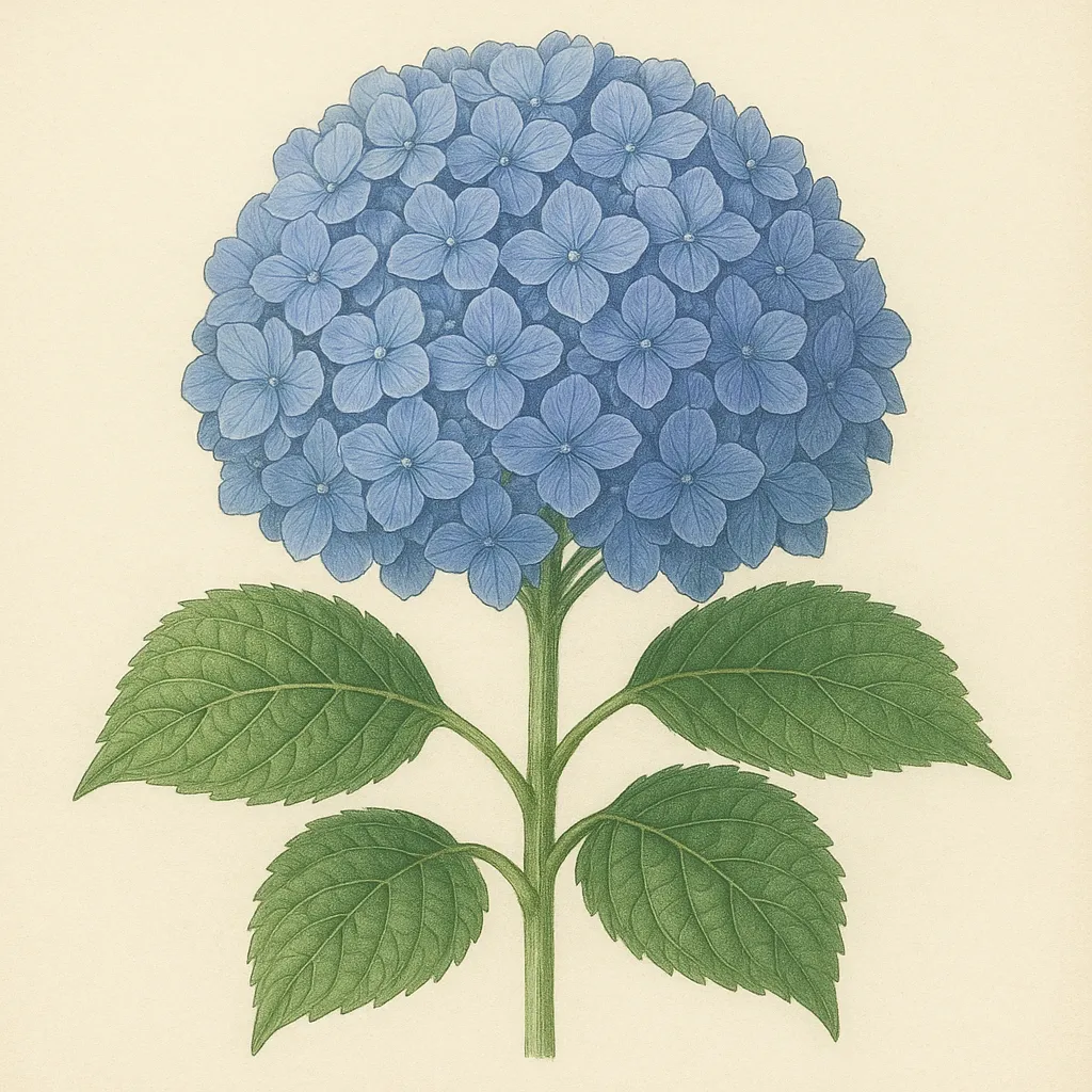 紫陽花図鑑のリアルな絵｜紫陽花図鑑の絵は、青い小花が集まって丸く咲き誇る様子を繊細に描き、瑞々しさと梅雨の季節感を表現しています。濃淡のある青が豊かな奥行きを生み、自然の湿り気を感じさせる優美な植物画です。
