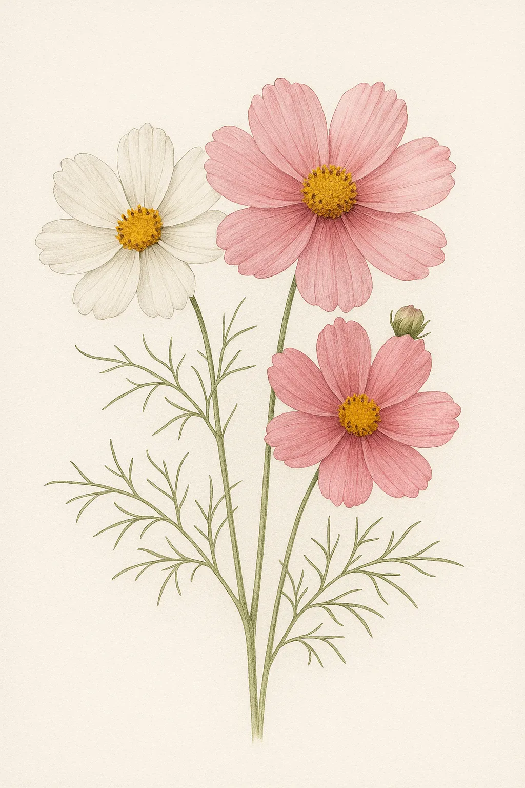 コスモス図鑑のリアルな絵｜コスモス図鑑の絵は、白やピンクの花が軽やかに咲く姿を柔らかな線で描き、秋の澄んだ空気を思わせます。繊細な葉の表現が花を引き立て、植物画ならではの清々しさを漂わせています。