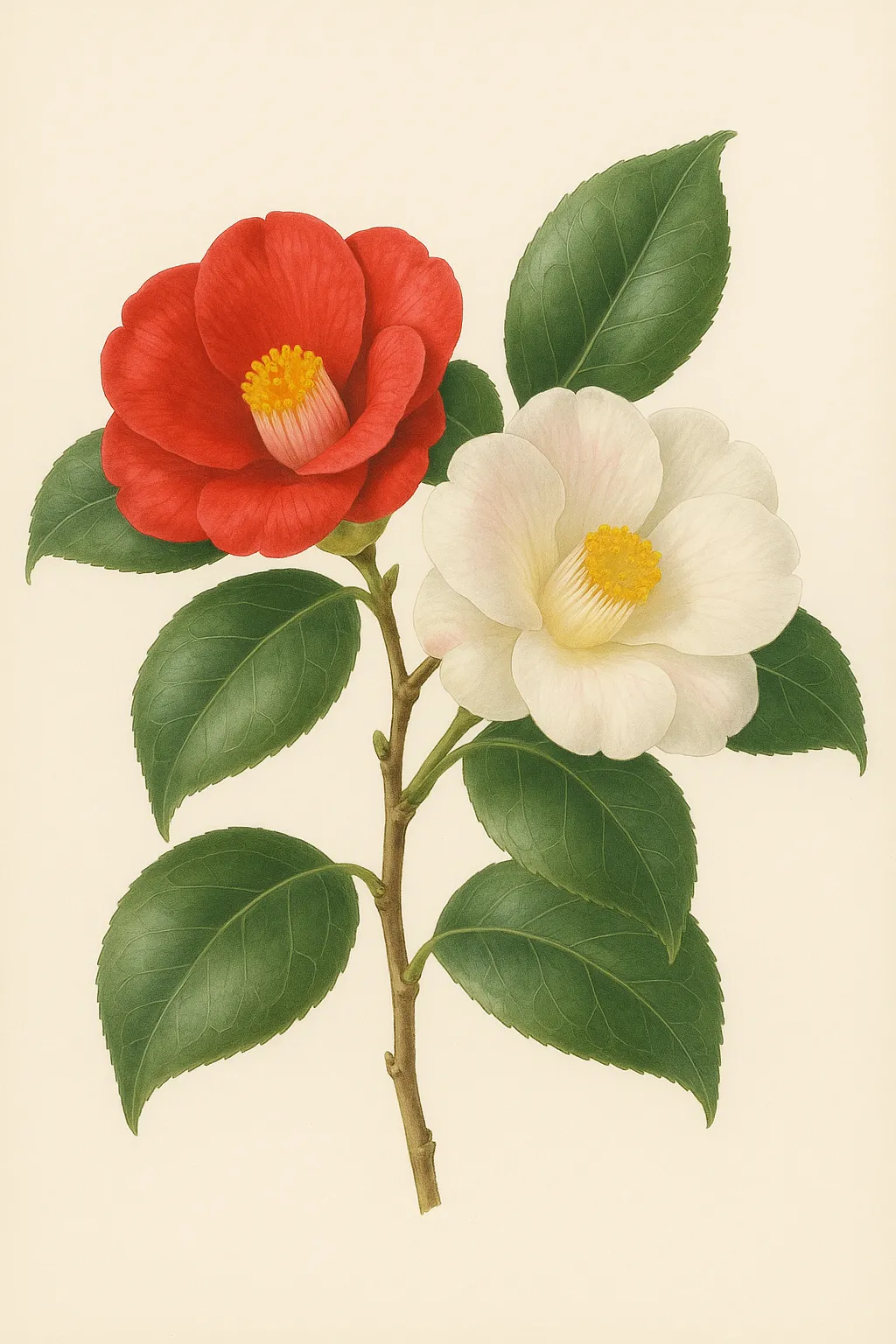 椿図鑑のリアルな絵｜椿図鑑の絵は、赤と白の花が並んで咲き、濃い緑の葉と対比することで力強さと優雅さを兼ね備えています。写実的な描写が花弁の厚みを引き出し、植物画ならではの存在感を際立たせています。