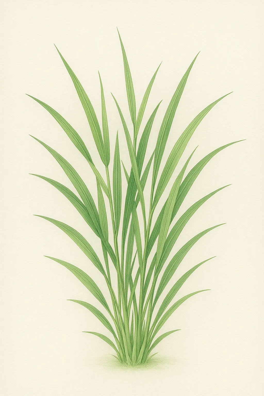 草図鑑のリアルな絵｜草図鑑の絵は、細長い葉が群れを成す姿をシンプルに描き、瑞々しい生命力を伝えています。鮮やかな緑が生き生きとした雰囲気を生み、自然の素朴さを感じさせる清新な植物画です。