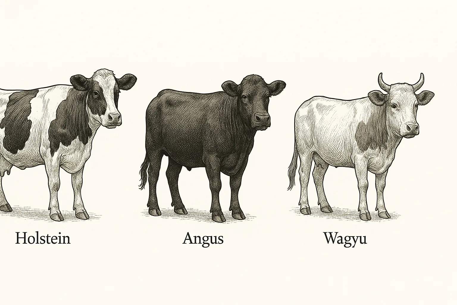 牛の図鑑のリアルな絵｜牛の図鑑の絵は品種ごとの特徴を細かく描き分け、模様や体格の違いが丁寧に表されています。落ち着いたモノトーン調が資料らしさを引き立て、冷静な学術画としての雰囲気を漂わせています。